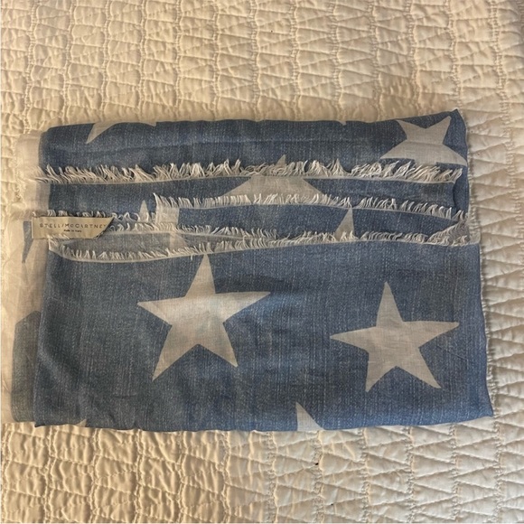 STELLA MCCARTNEY Blue Silk Scarf, Star ⭐️ Motif with Fringe Ends - Picture 13 of 14